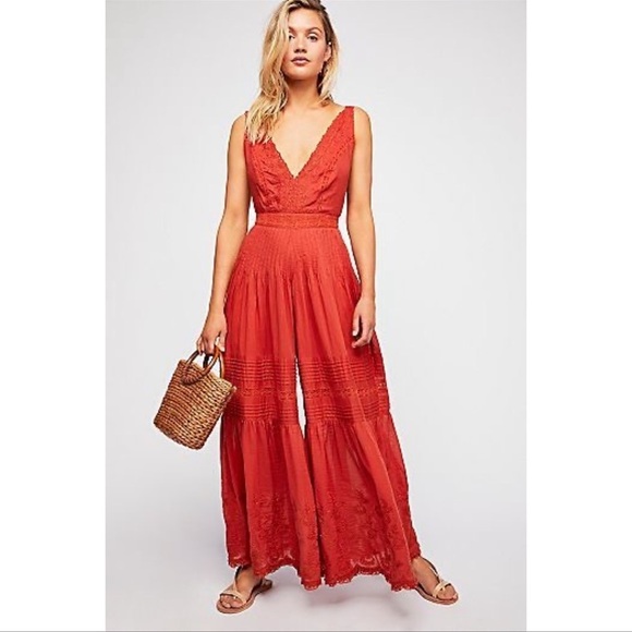 FREE PEOPLE Rust Orange Halter Wide Leg Lace Embroidered Jumpsuit - Picture 1 of 7